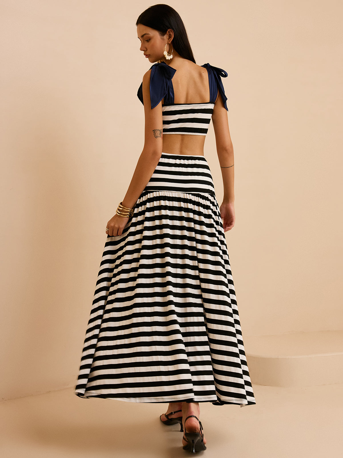 Striped Skirt Set with Bow Straps-Massicos