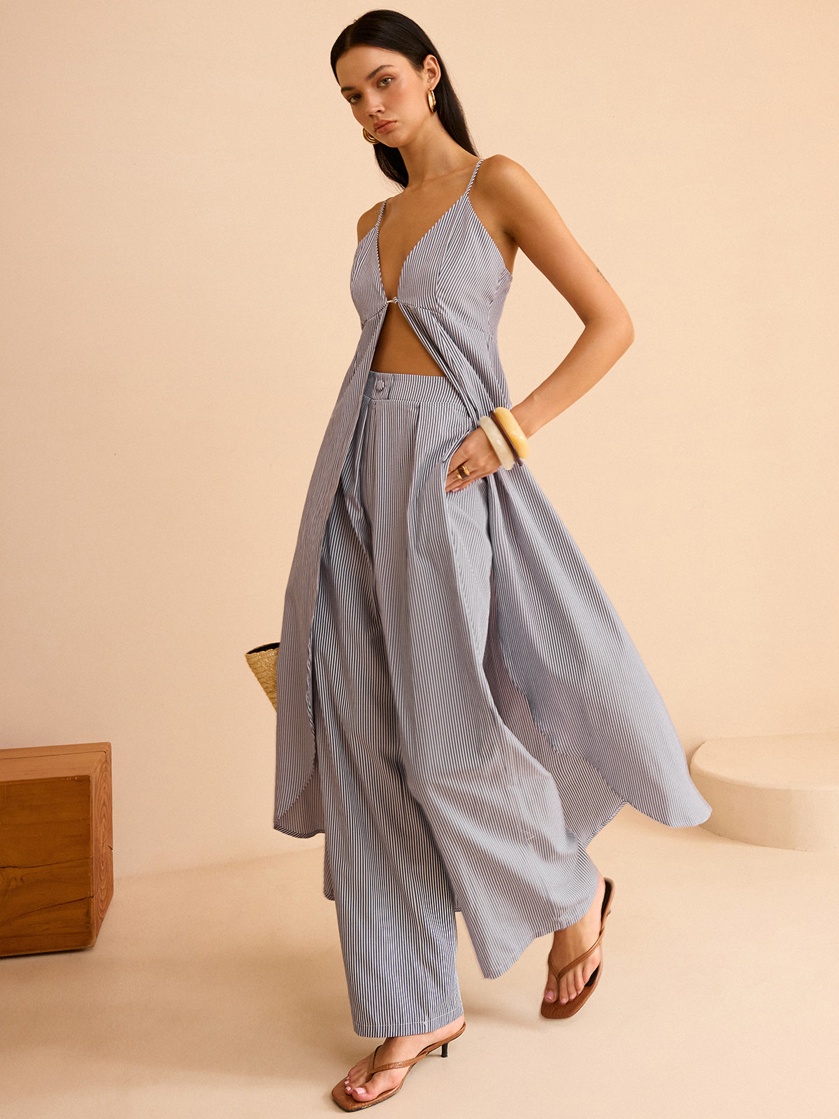 Striped Long Cami Top and Wide-Leg Pants Set-Massicos