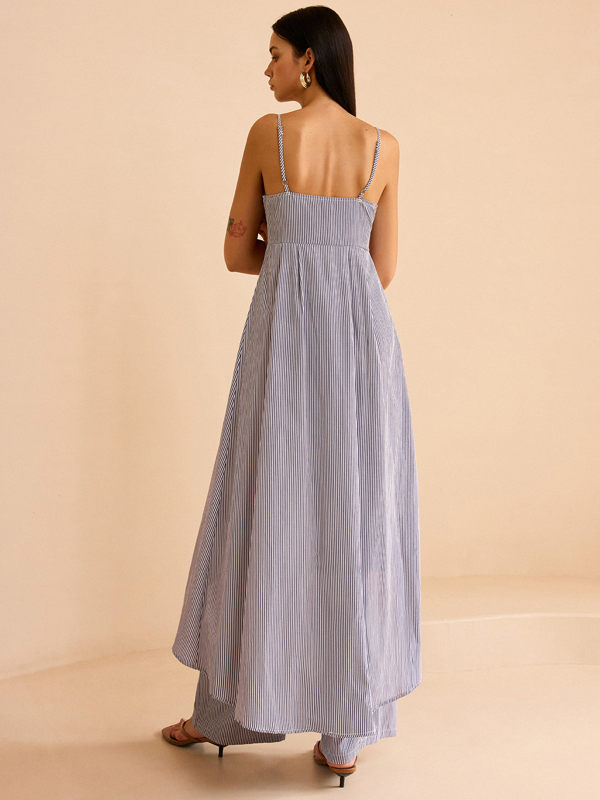 Striped Long Cami Top and Wide-Leg Pants Set-Massicos