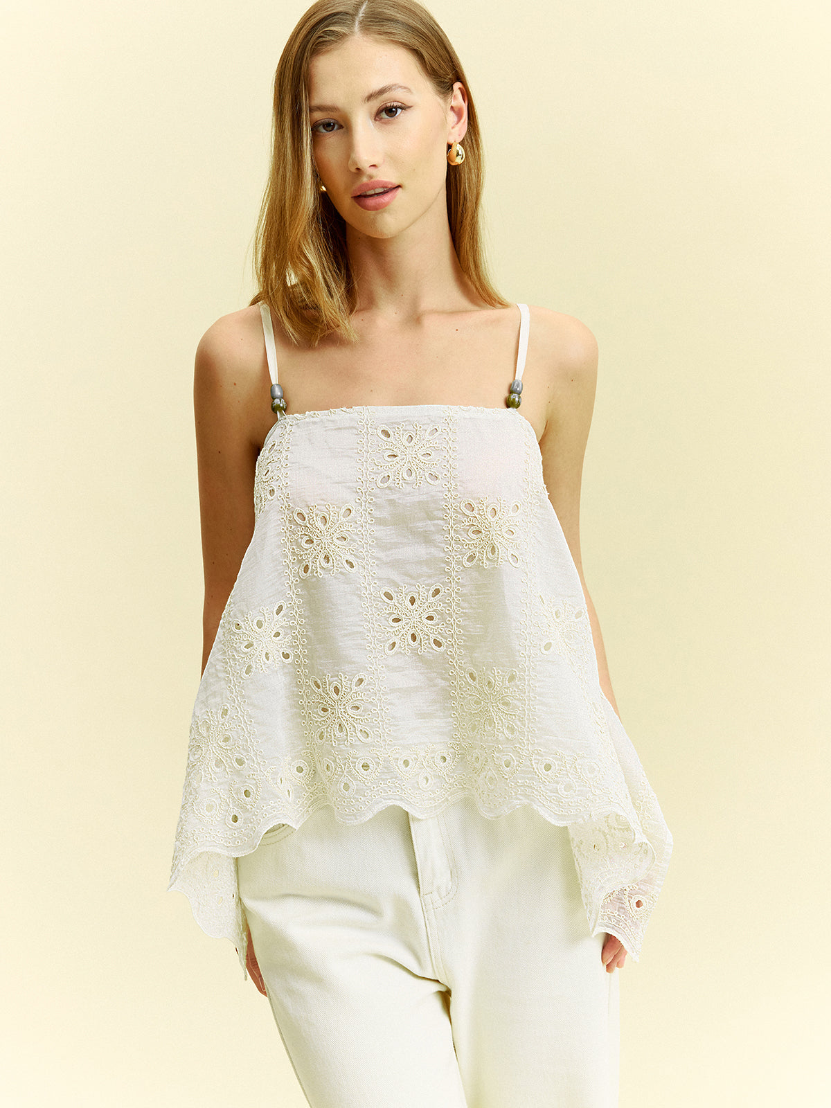 Semi-Sheer Embroidered Eyelet Cami Top-Massicos