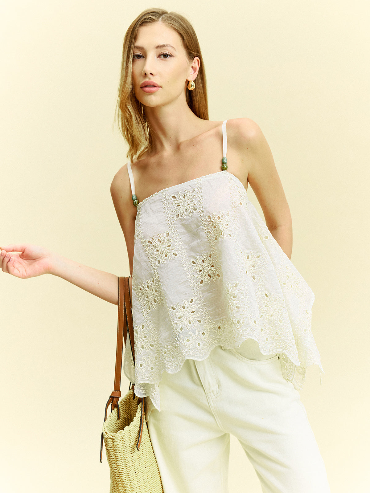 Semi-Sheer Embroidered Eyelet Cami Top-Massicos