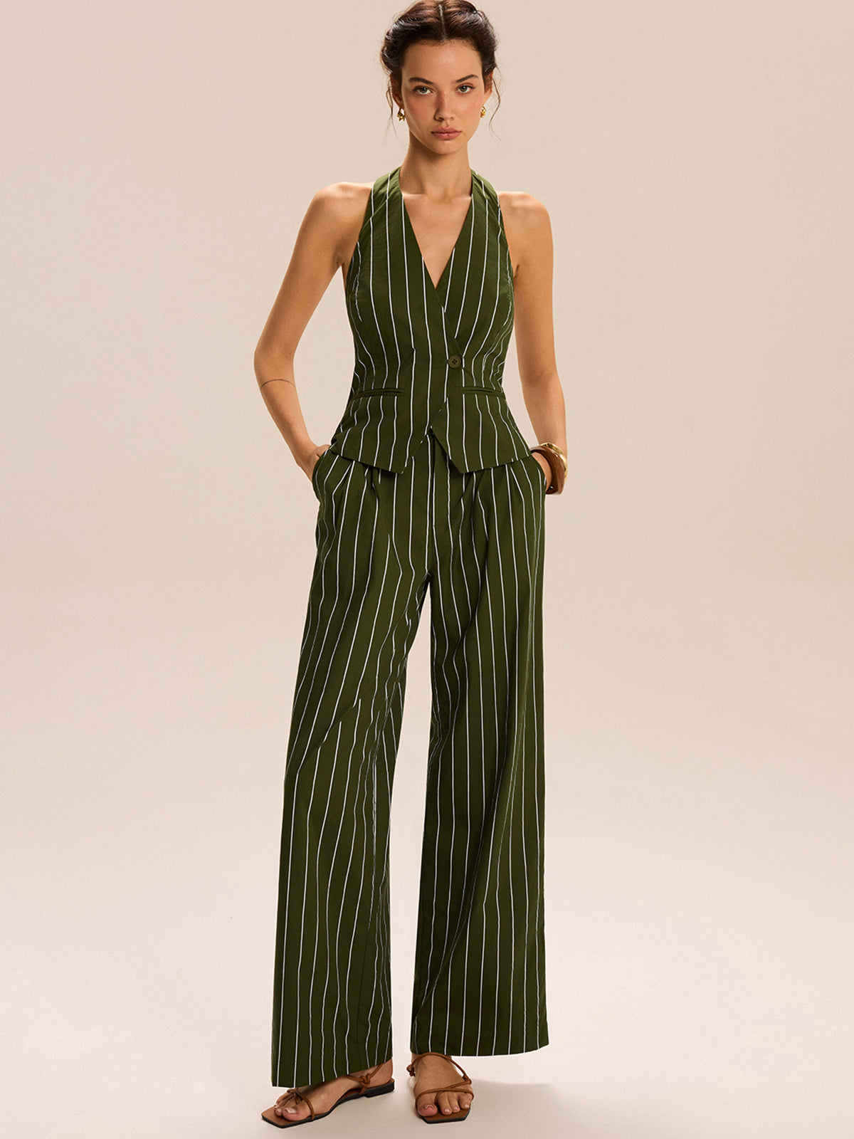 Striped Halter-Neck Vest and Wide-Leg Pants Set-Massicos