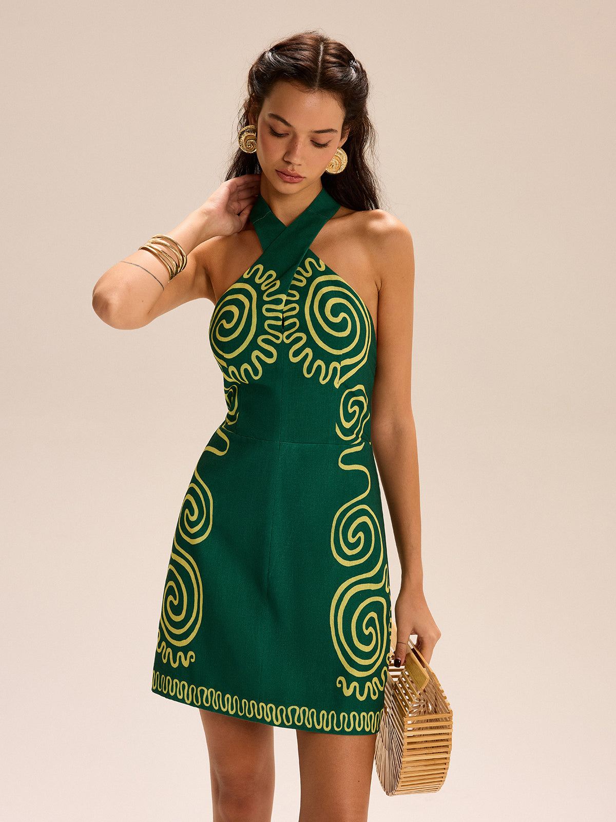 Halter-Neck Dress With Swirl Patterns-Massicos