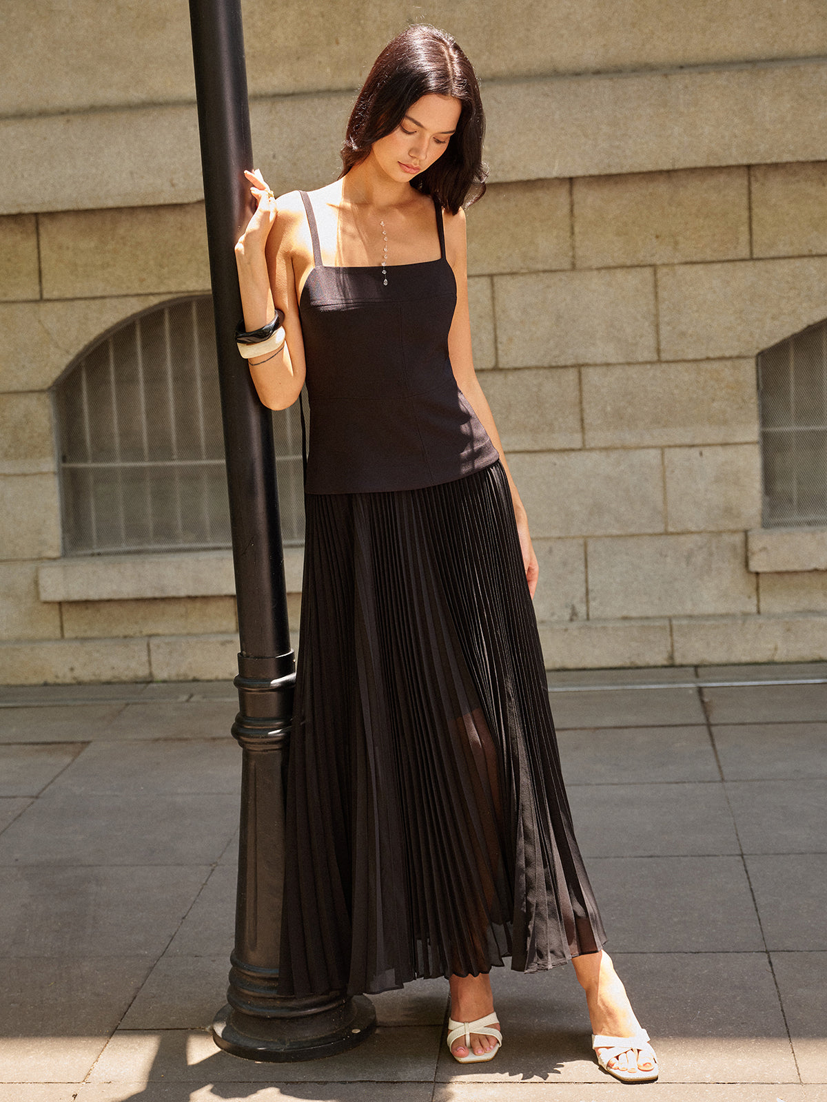 Spaghetti-Strap Backless Pleated Maxi Dress-Massicos