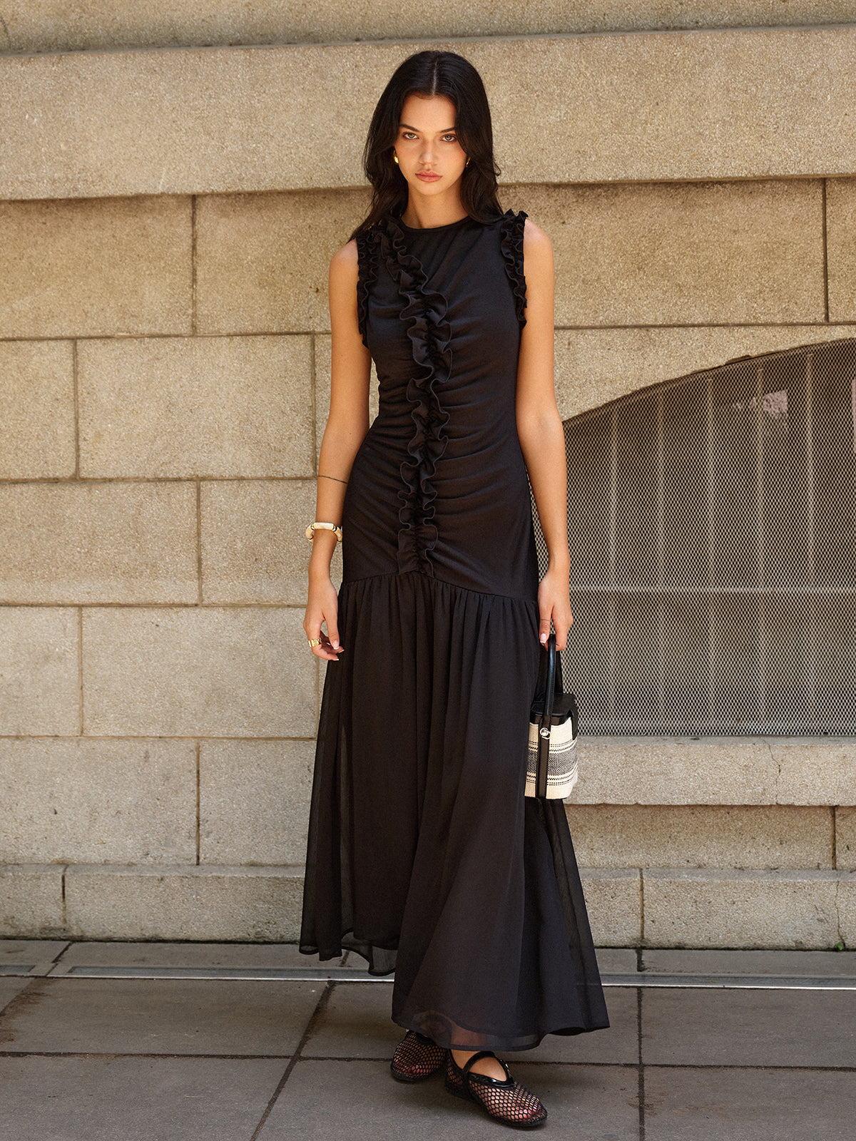 Ruffled Detail Ruched-Front Maxi Dress-Massicos