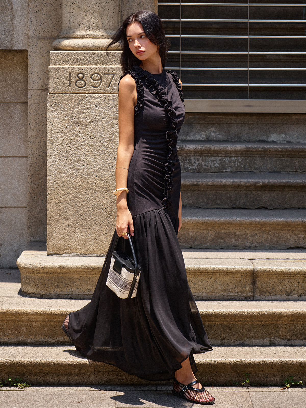 Ruffled Detail Ruched-Front Maxi Dress-Massicos