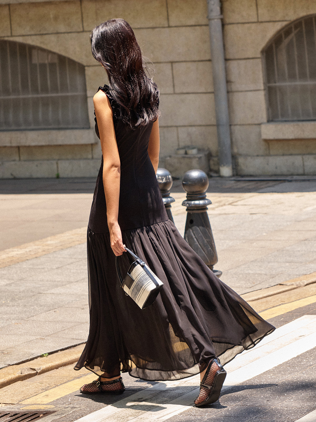 Ruffled Detail Ruched-Front Maxi Dress-Massicos