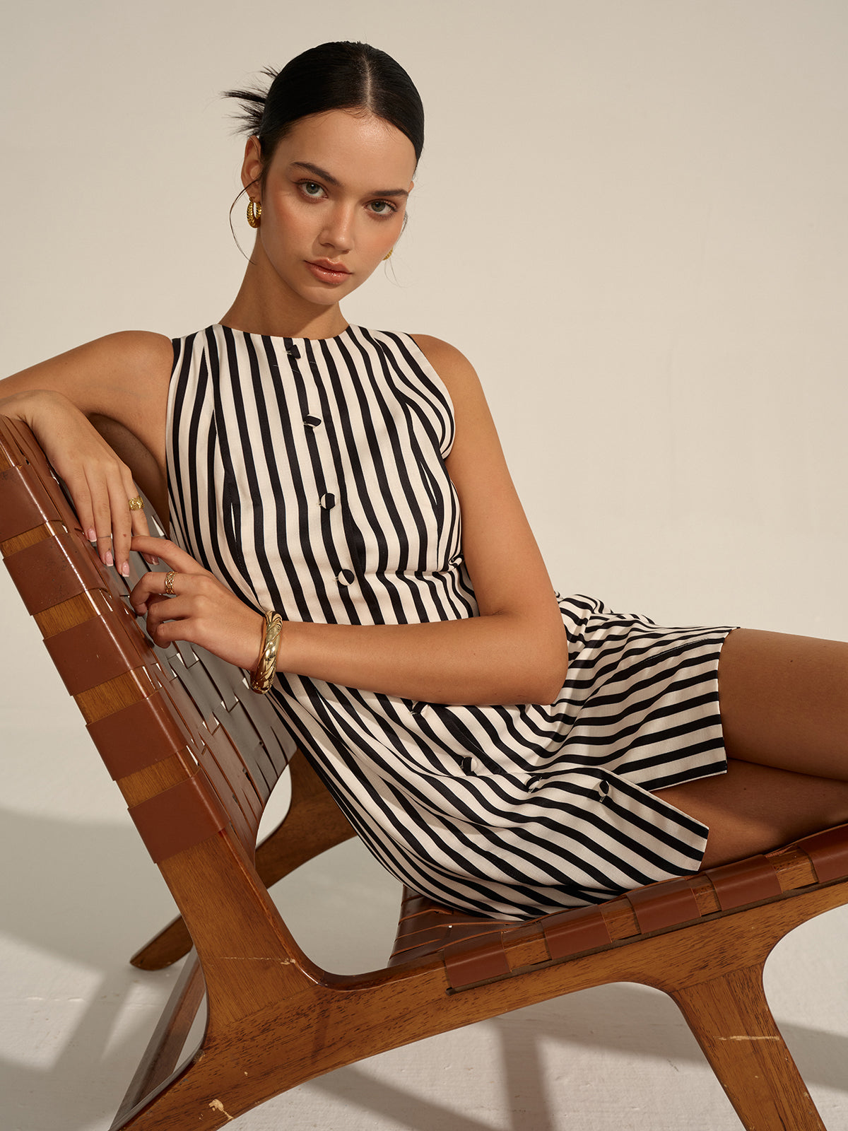 Striped Button-Front Mini Dress-Massicos