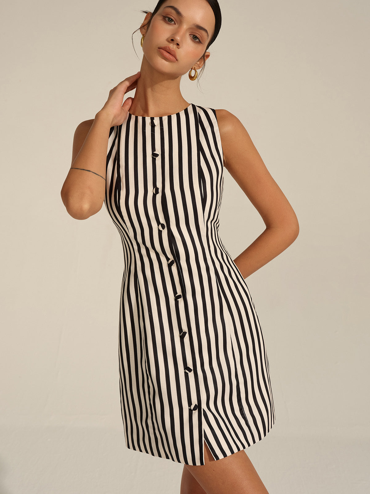 Striped Button-Front Mini Dress-Massicos