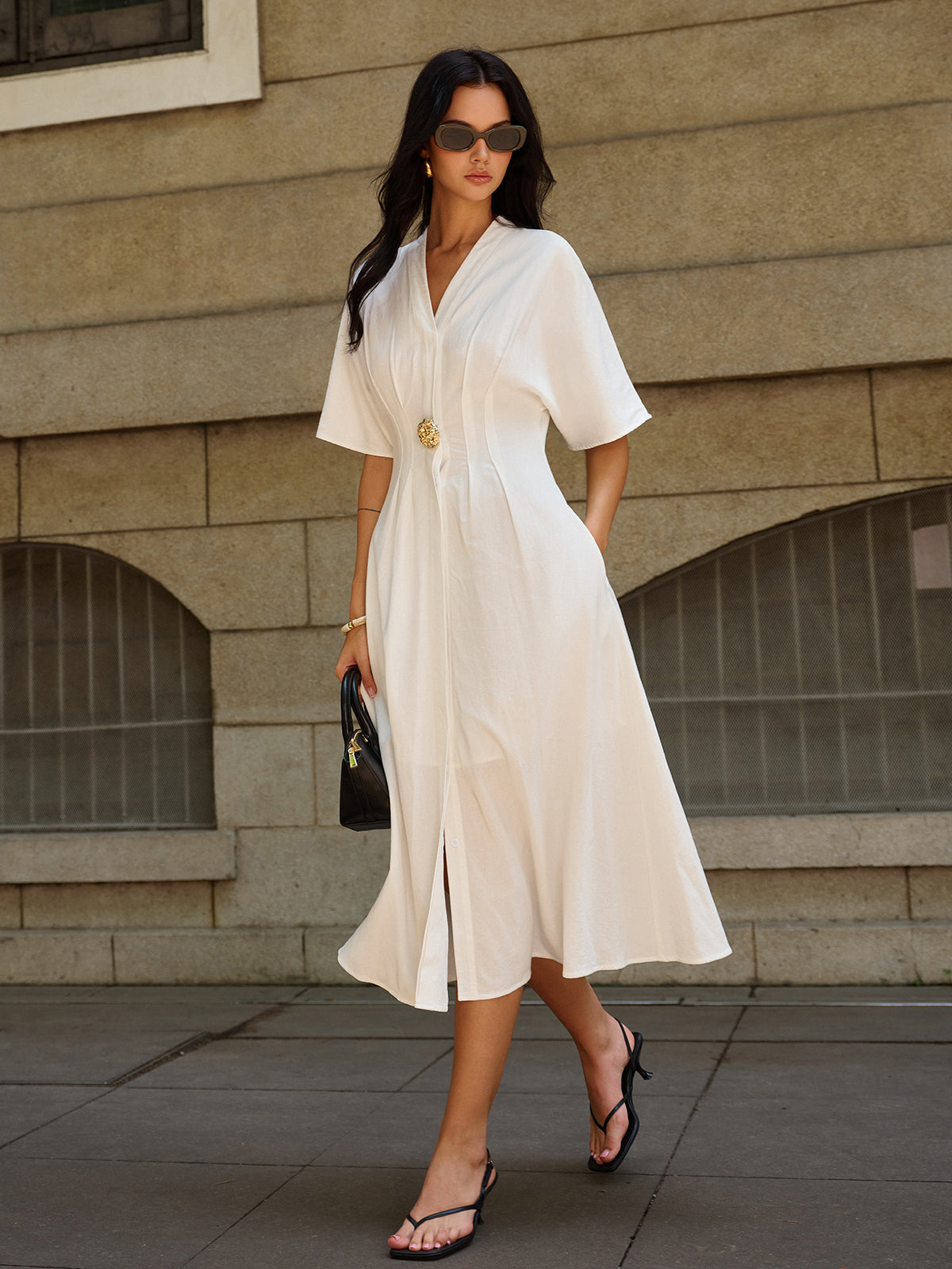 Metal Decor V-Neck Midi Dress-Massicos