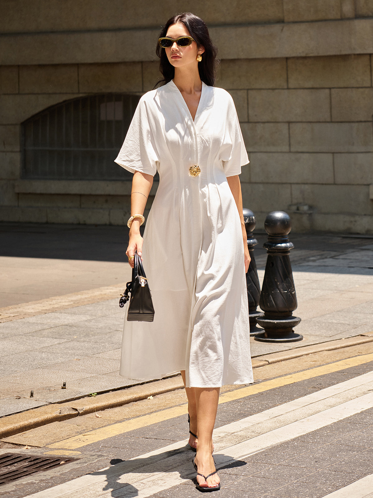 Metal Decor V-Neck Midi Dress-Massicos