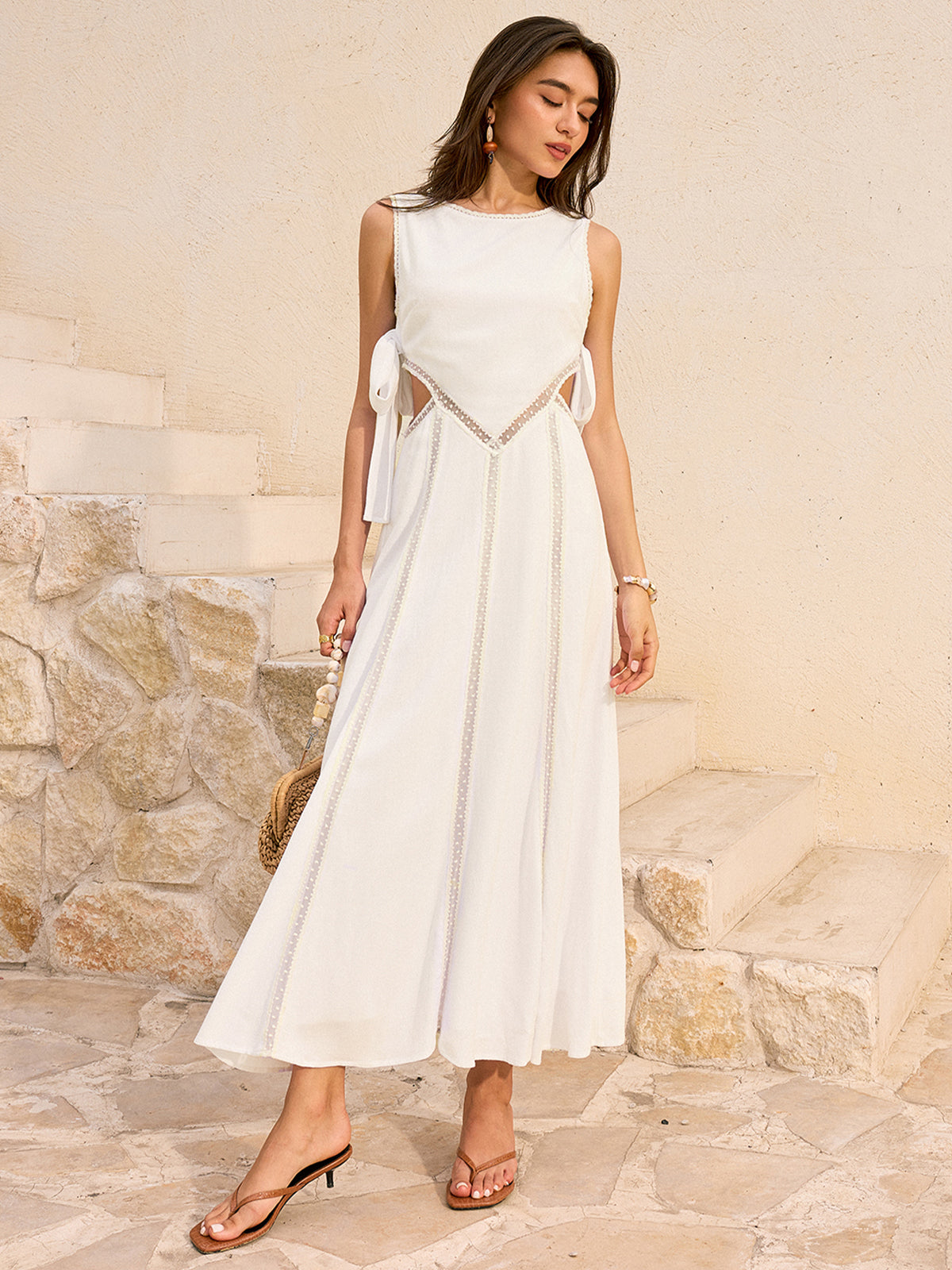 Linen & Cotton Cut-Out Tie-Back Maxi Dress-Massicos