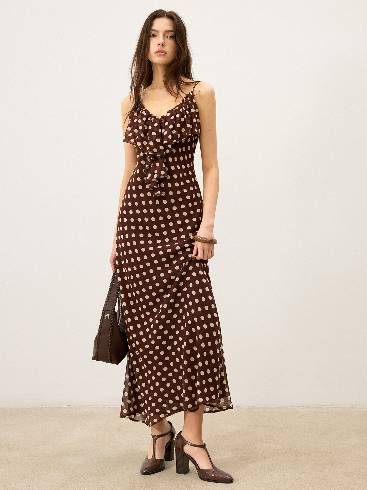 Semi-Sheer Polka Dot Ruffle Cami Maxi Dress-Massicos