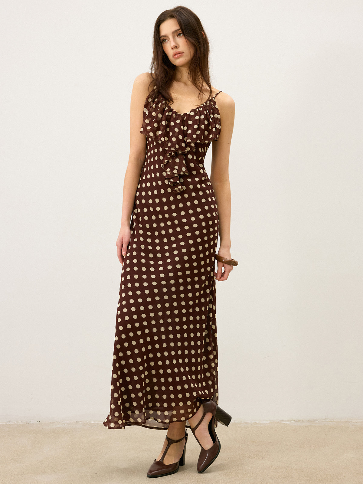 Semi-Sheer Polka Dot Ruffle Cami Maxi Dress-Massicos