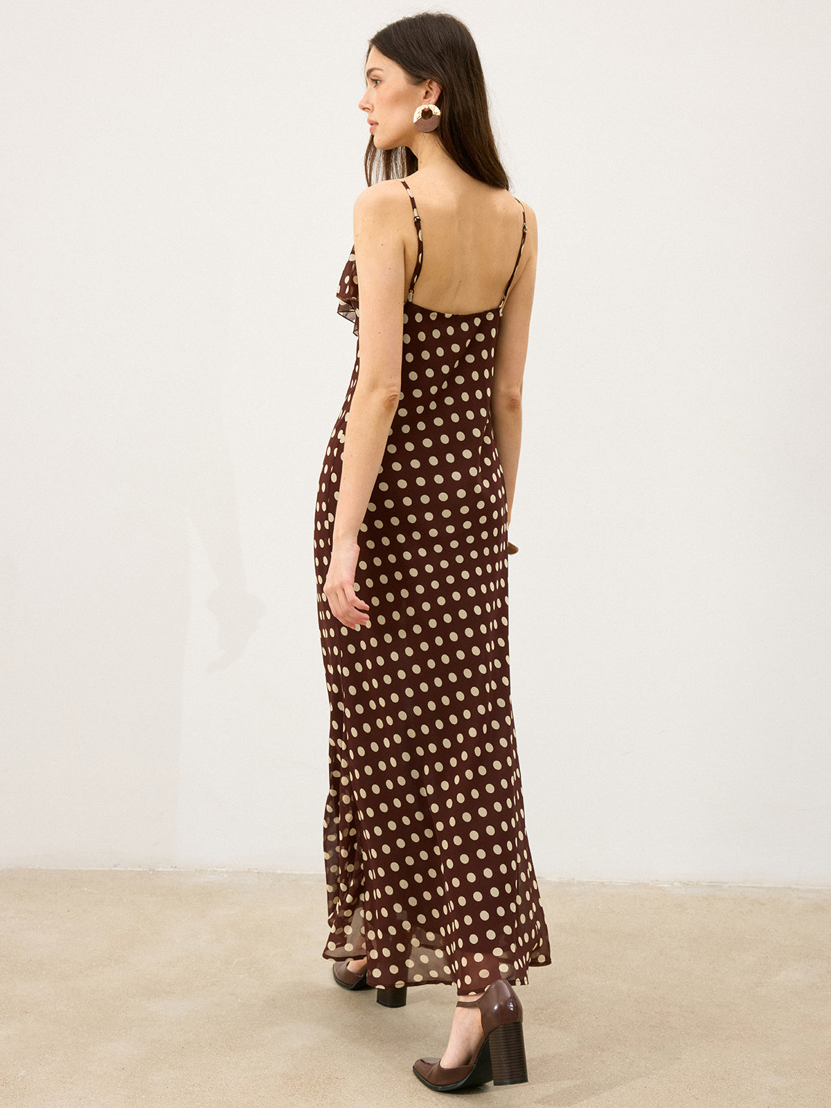 Semi-Sheer Polka Dot Ruffle Cami Maxi Dress-Massicos