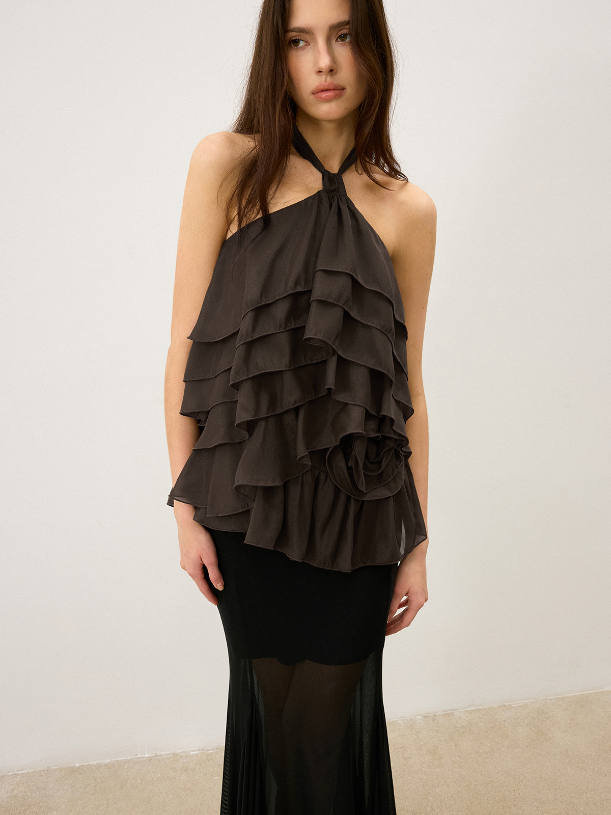 Tiered Ruffle Chiffon Halter Top with 3D Flower-Massicos