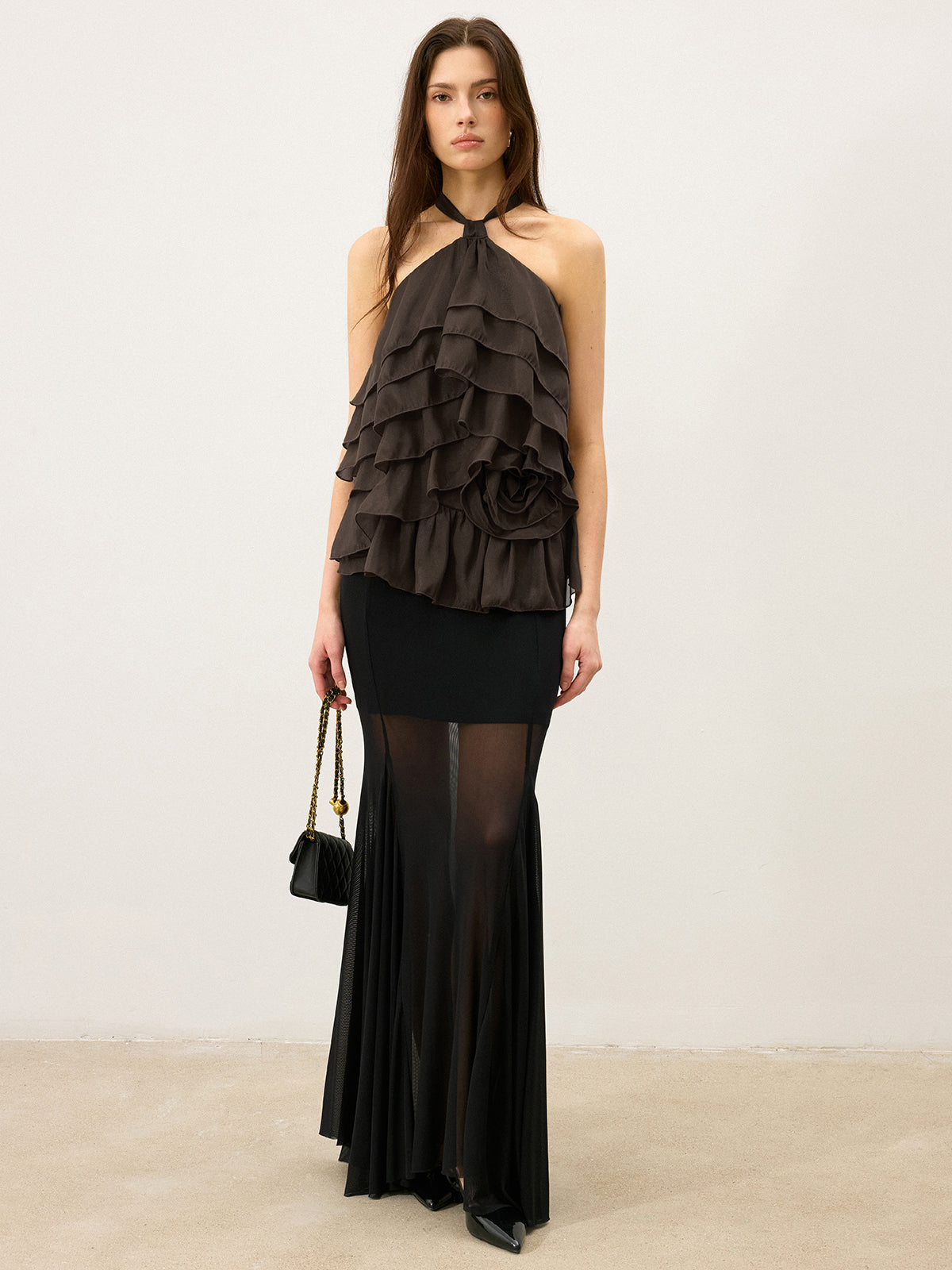 Tiered Ruffle Chiffon Halter Top with 3D Flower-Massicos
