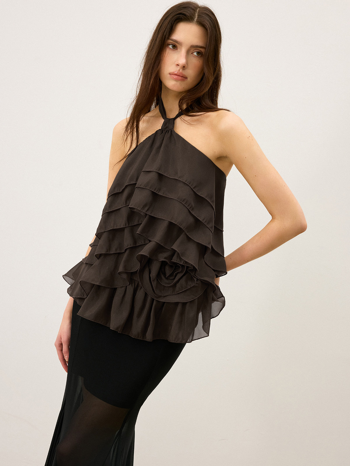 Tiered Ruffle Chiffon Halter Top with 3D Flower-Massicos