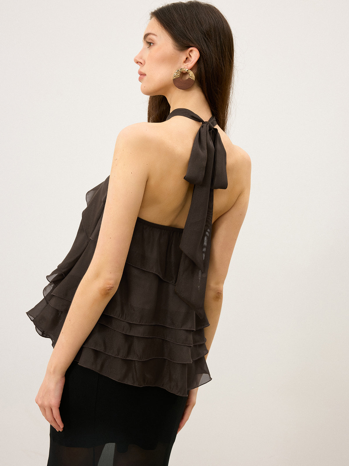 Tiered Ruffle Chiffon Halter Top with 3D Flower-Massicos