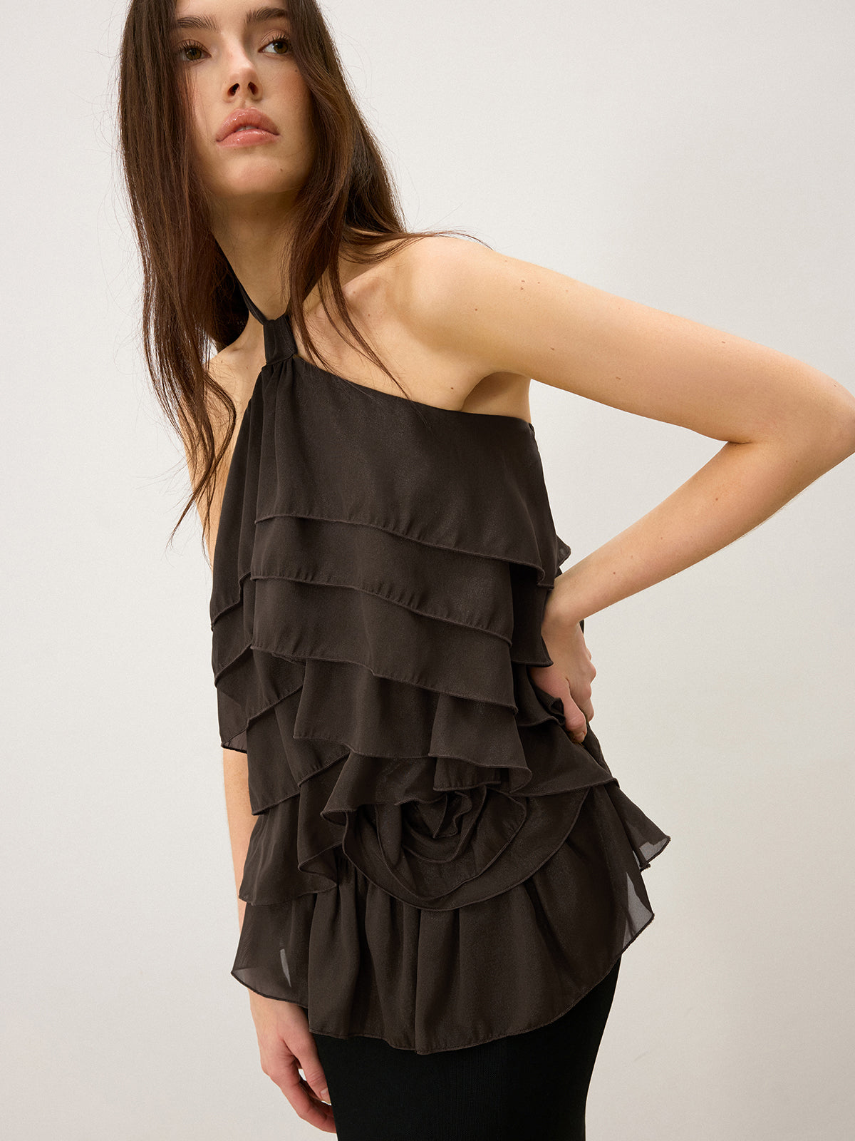 Tiered Ruffle Chiffon Halter Top with 3D Flower-Massicos