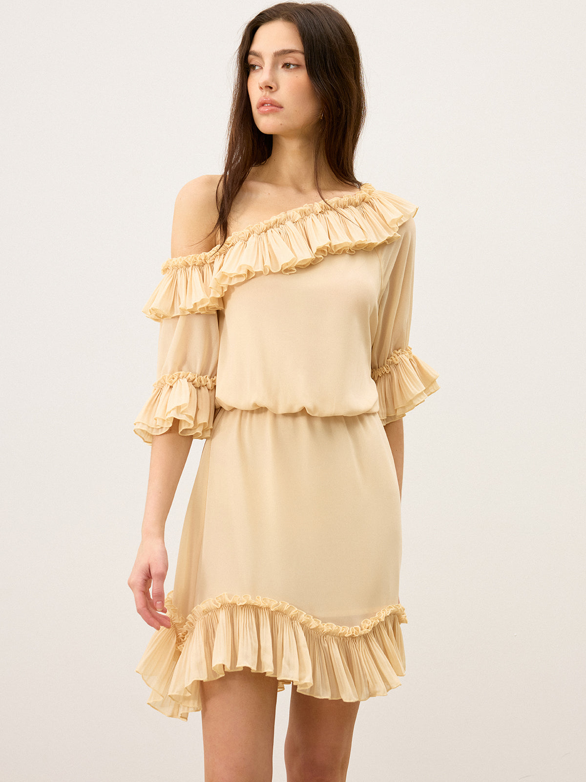Semi-Sheer Chiffon One-Shoulder Ruffled Mini Dress-Massicos