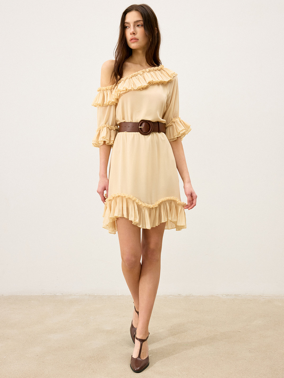 Semi-Sheer Chiffon One-Shoulder Ruffled Mini Dress-Massicos