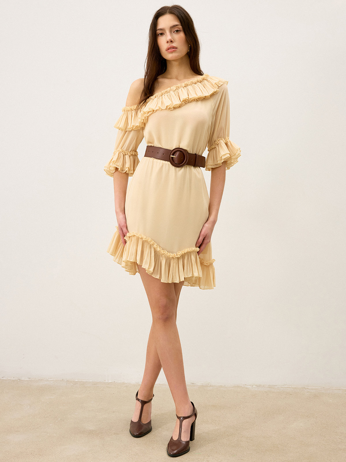 Semi-Sheer Chiffon One-Shoulder Ruffled Mini Dress-Massicos