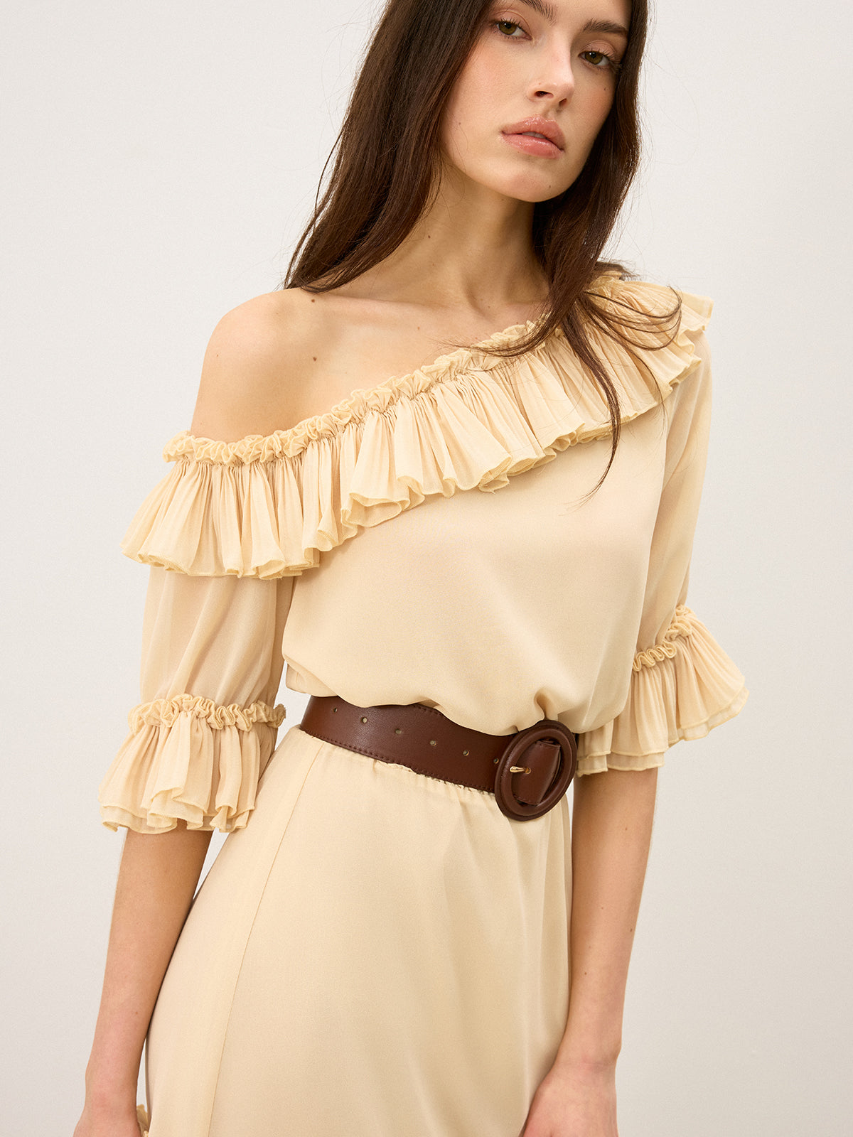 Semi-Sheer Chiffon One-Shoulder Ruffled Mini Dress-Massicos