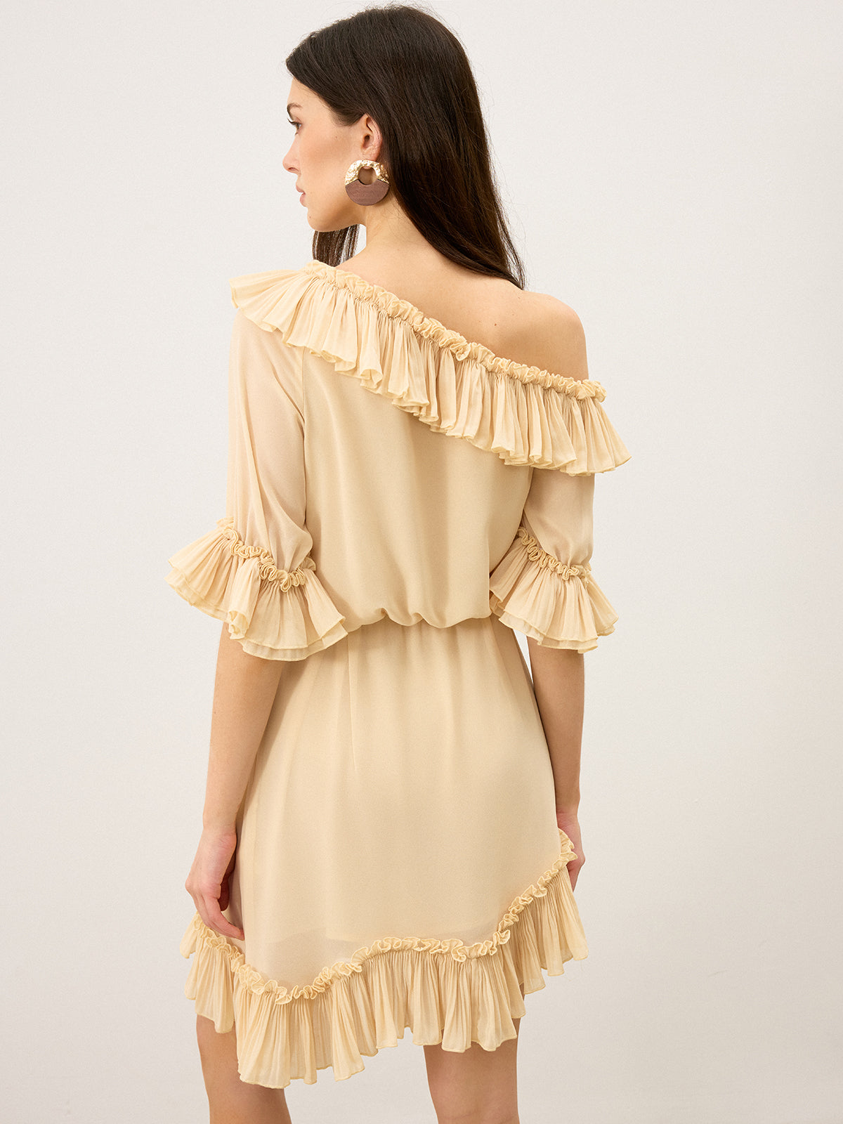 Semi-Sheer Chiffon One-Shoulder Ruffled Mini Dress-Massicos