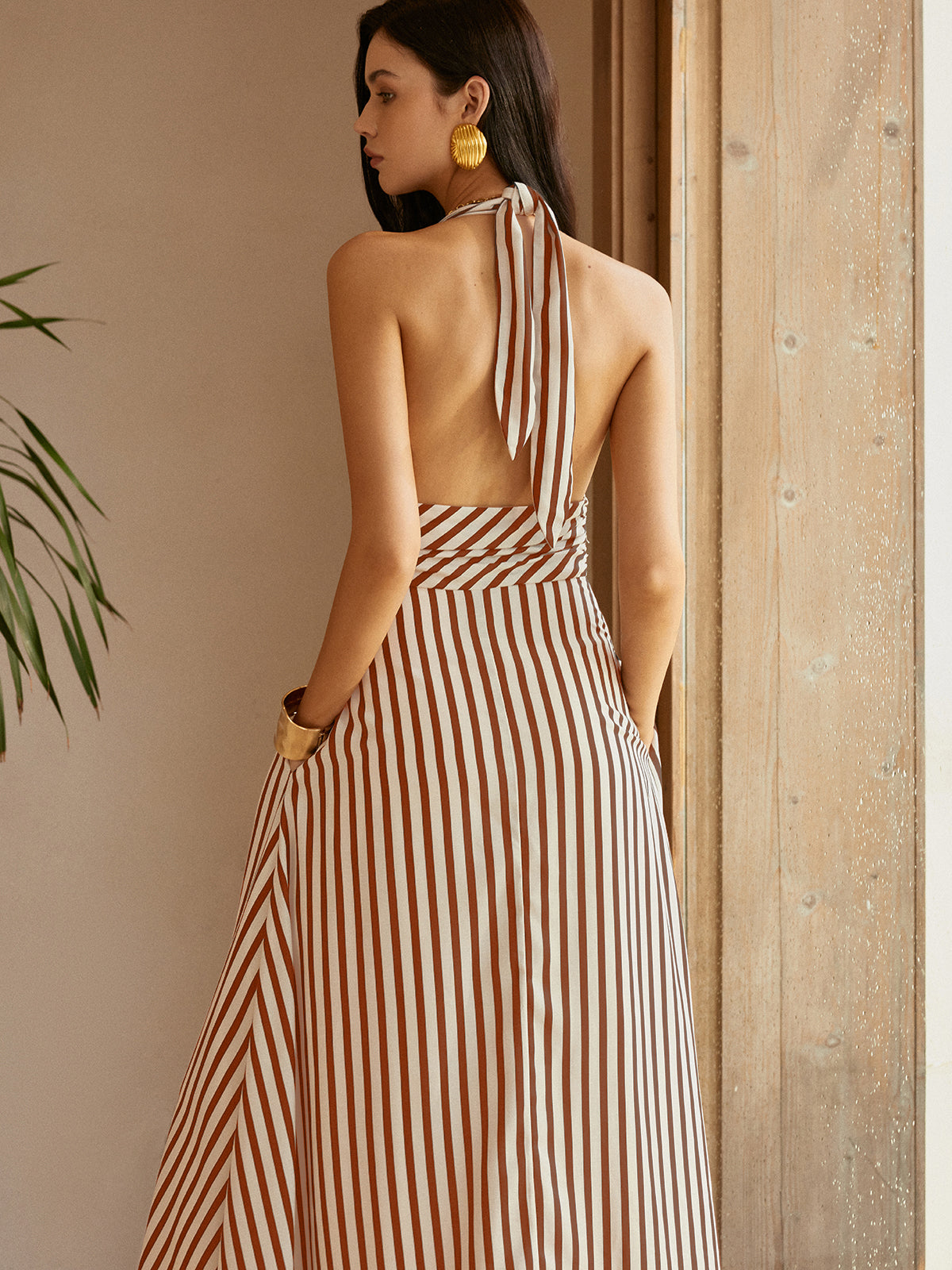 Stripe Backless Pockets Dress-Massicos