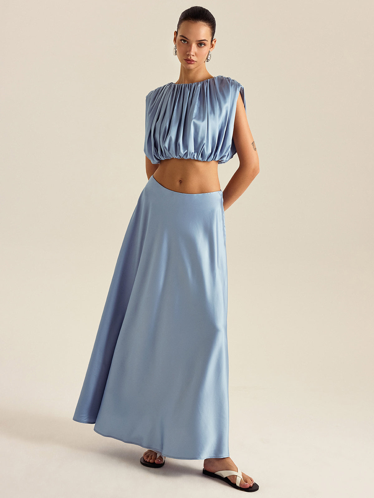 Ruched Crop Top Skirt Set-Massicos