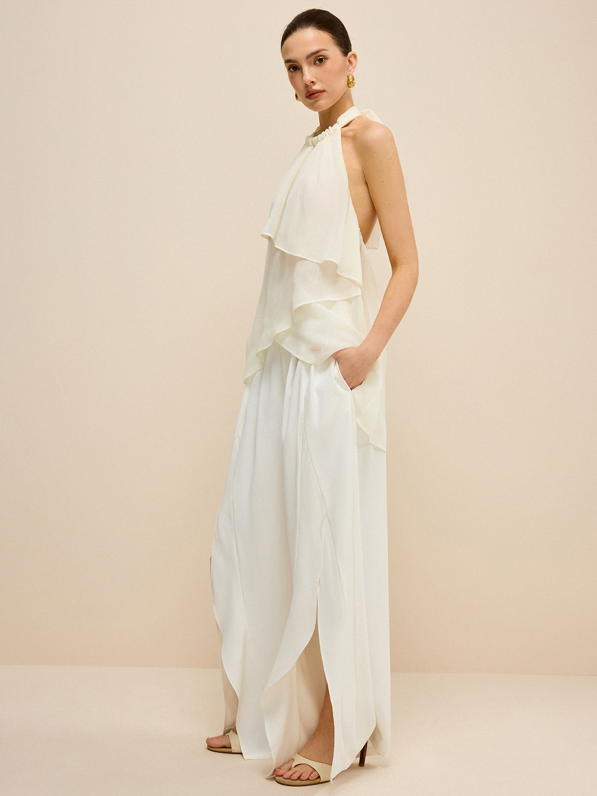 Mid-Waisted Wide-Leg Pants with Side Slits-Massicos