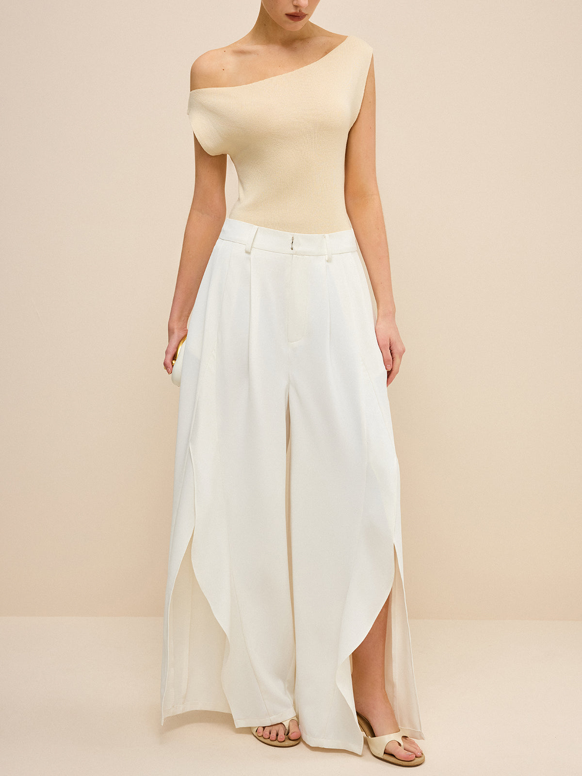 Mid-Waisted Wide-Leg Pants with Side Slits-Massicos