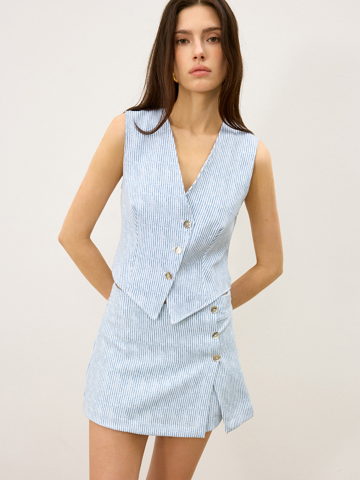 Striped Button-Front Skirt Set-Massicos