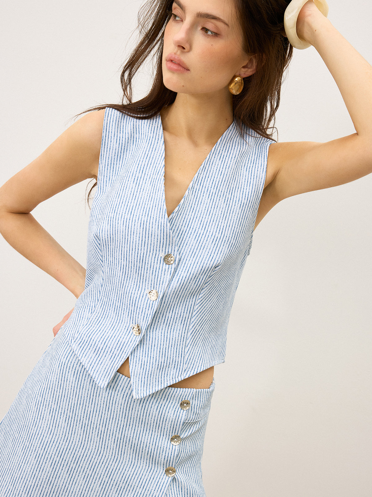 Striped Button-Front Skirt Set-Massicos