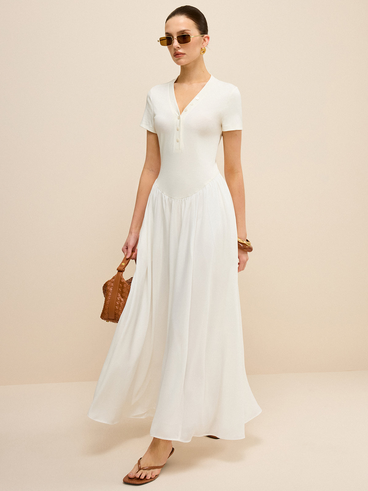 Button-Placket V-Neck Maxi Dress-Massicos
