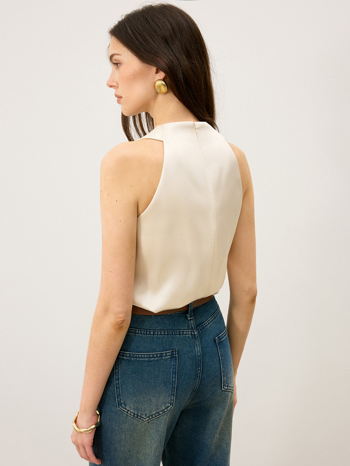 Satin Cross-Over Collar Tank Top-Massicos