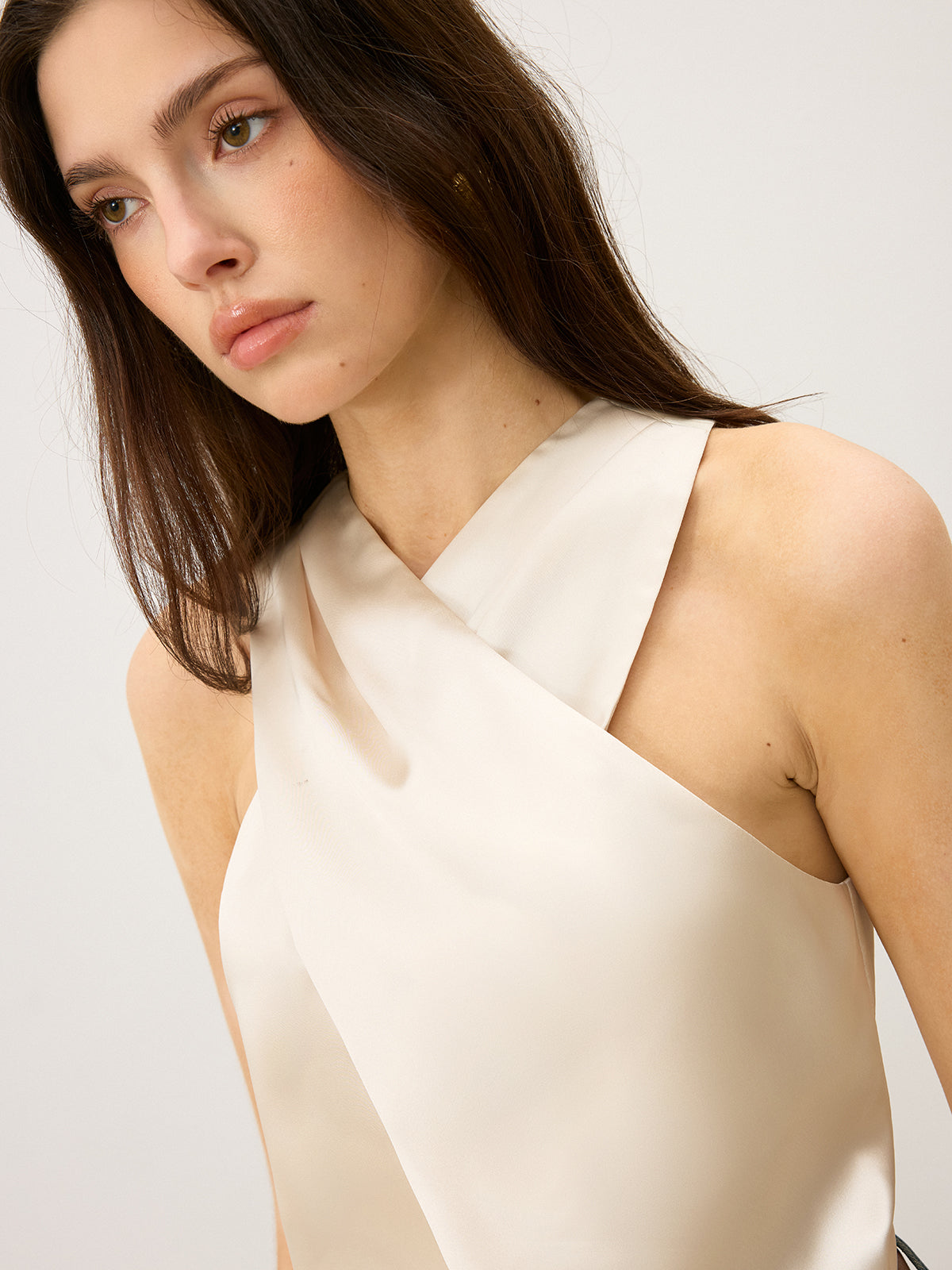 Satin Cross-Over Collar Tank Top-Massicos