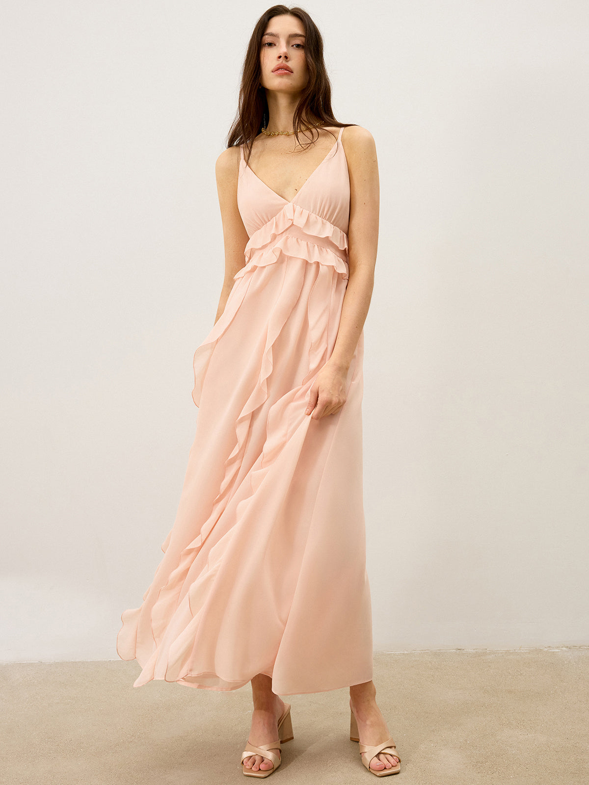 Semi-Sheer Chiffon Ruffle Trim Maxi Dress-Massicos