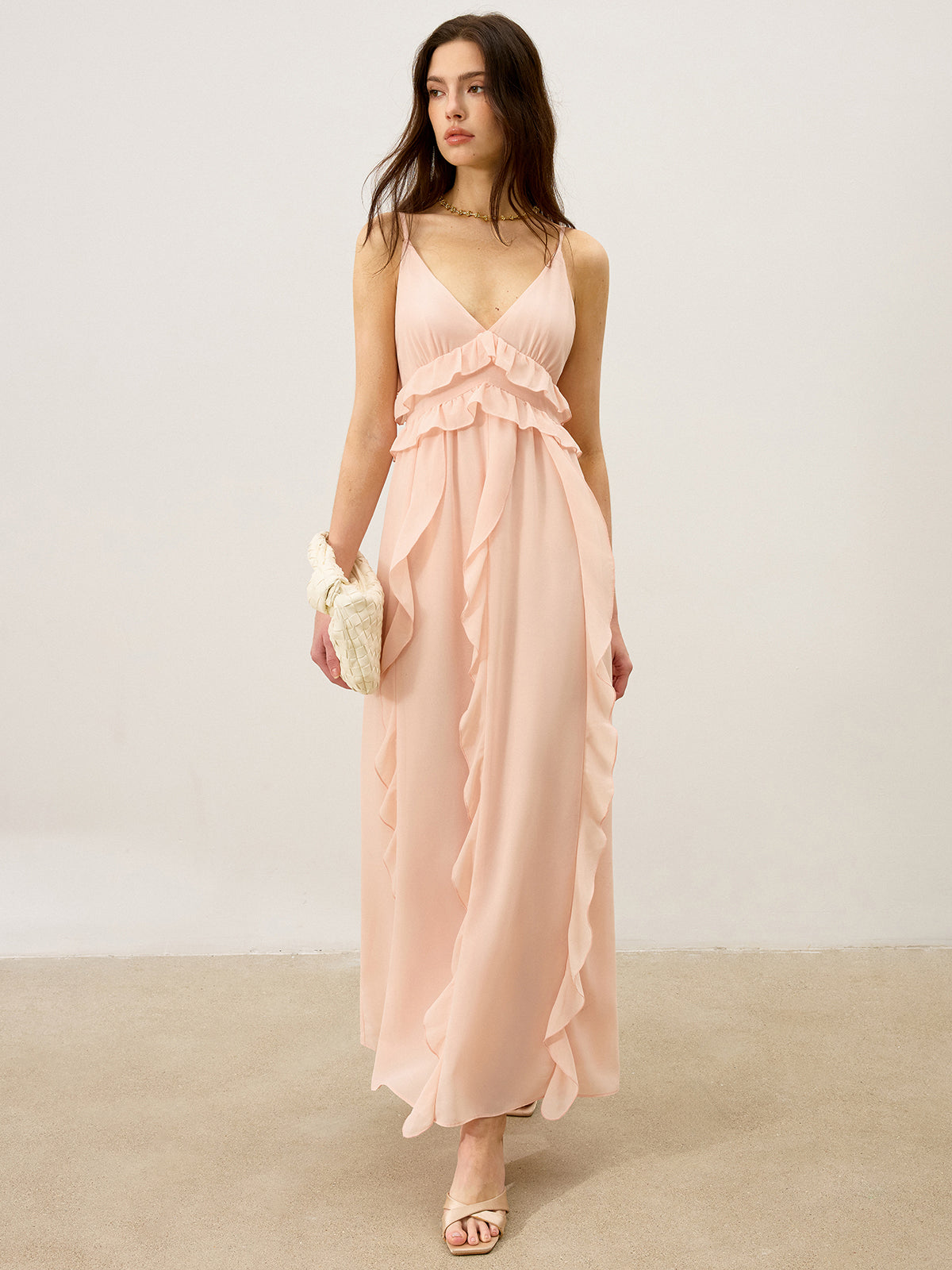 Semi-Sheer Chiffon Ruffle Trim Maxi Dress-Massicos