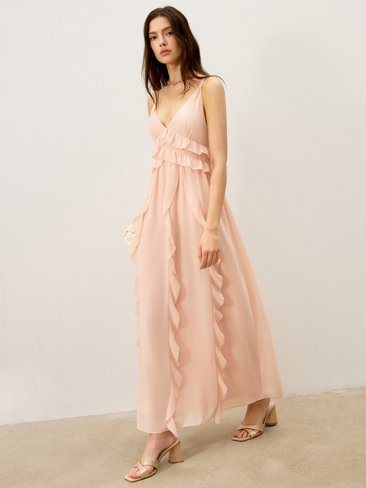Semi-Sheer Chiffon Ruffle Trim Maxi Dress-Massicos