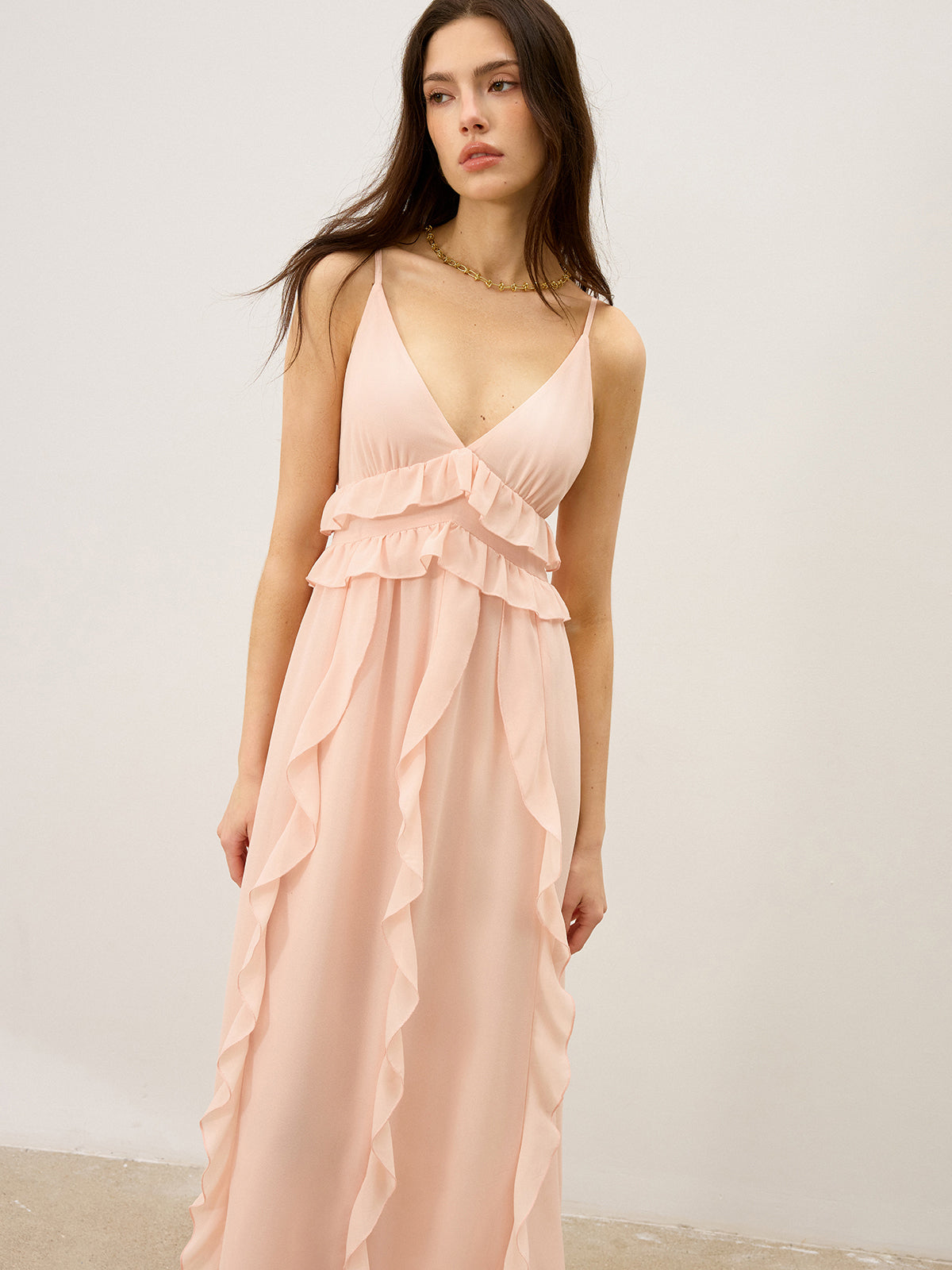 Semi-Sheer Chiffon Ruffle Trim Maxi Dress-Massicos