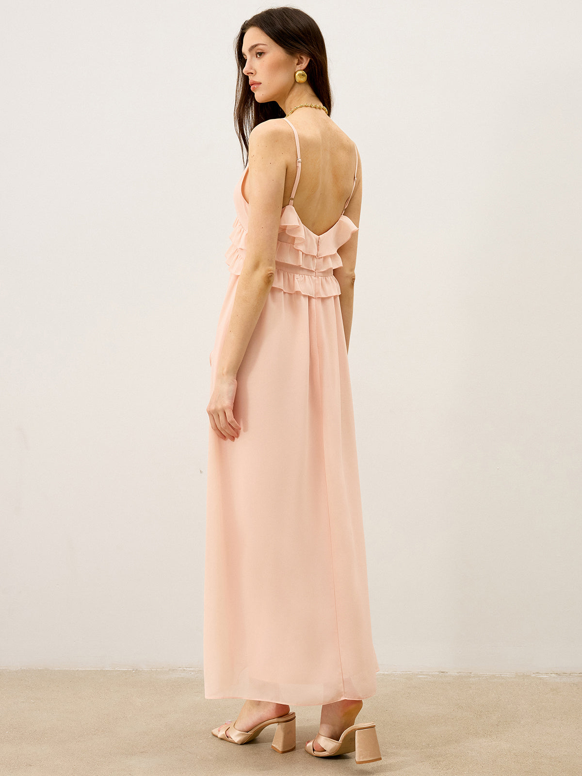 Semi-Sheer Chiffon Ruffle Trim Maxi Dress-Massicos