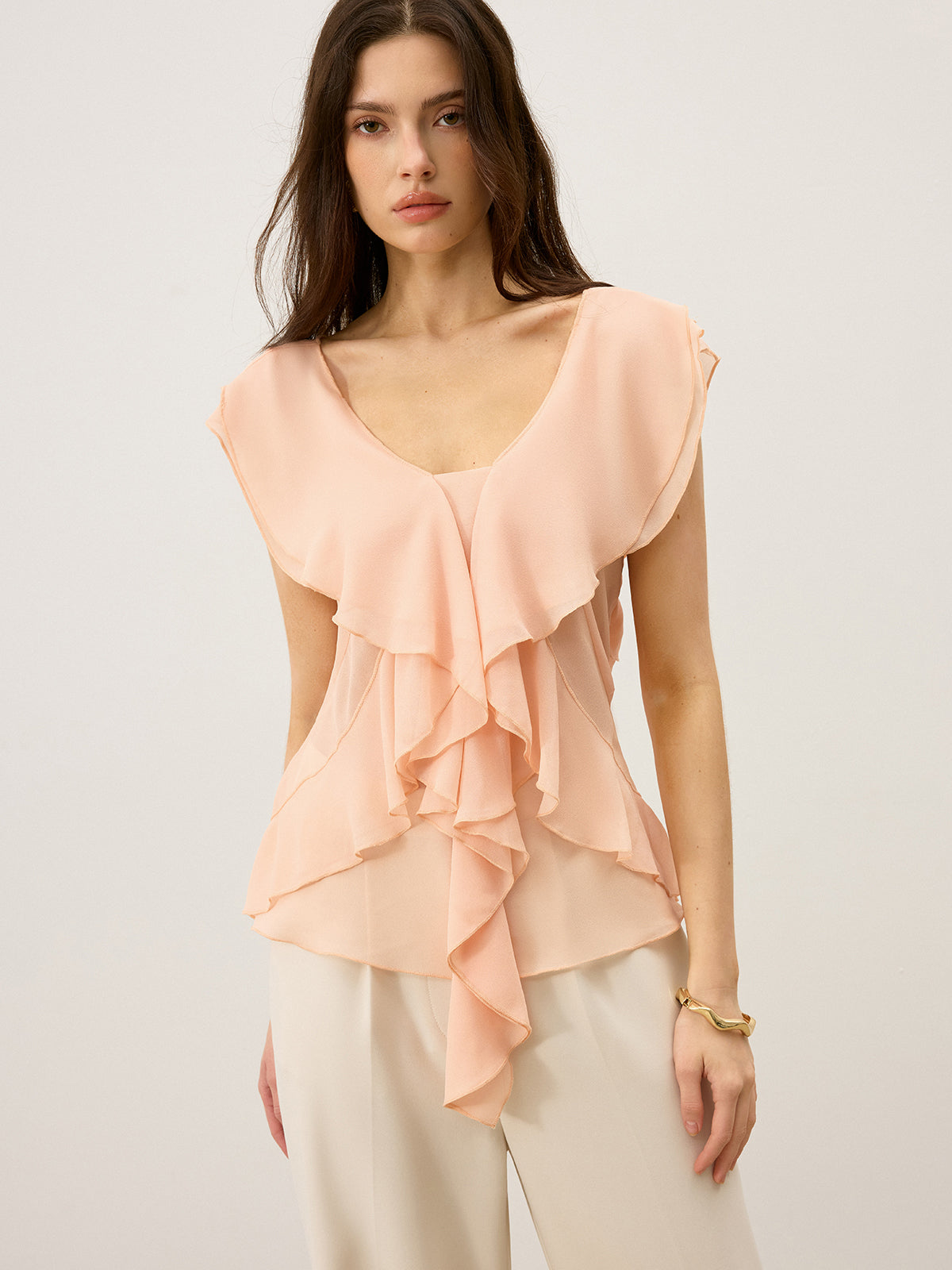 Semi-Sheer Ruffled Chiffon Blouse-Massicos