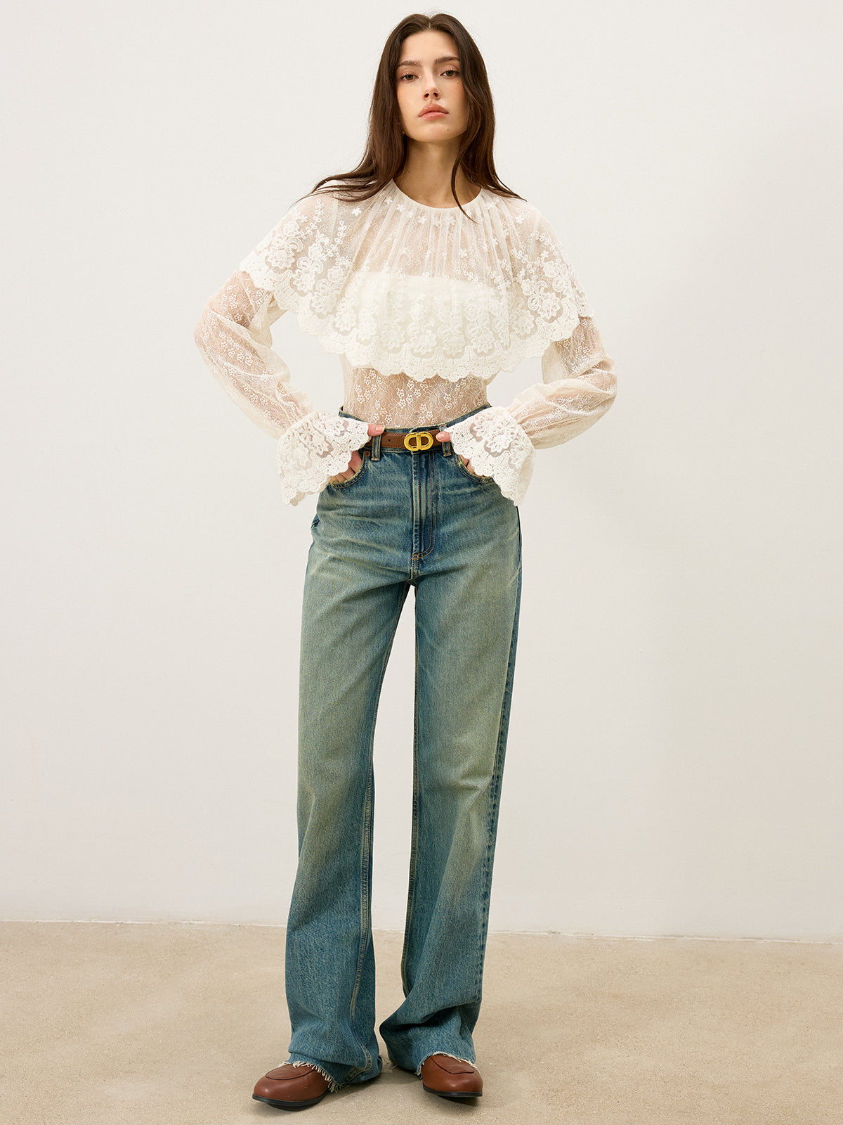 Semi-Sheer Ruffle-Trimmed Lace Flared-Sleeve Blouse-Massicos