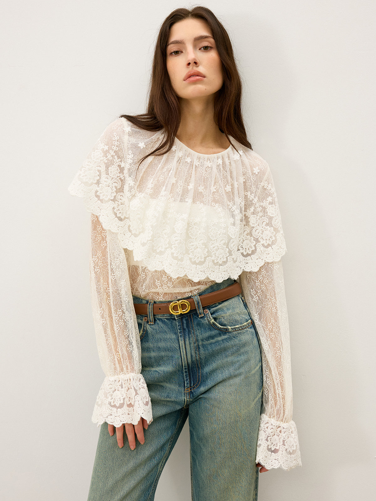 Semi-Sheer Ruffle-Trimmed Lace Flared-Sleeve Blouse-Massicos