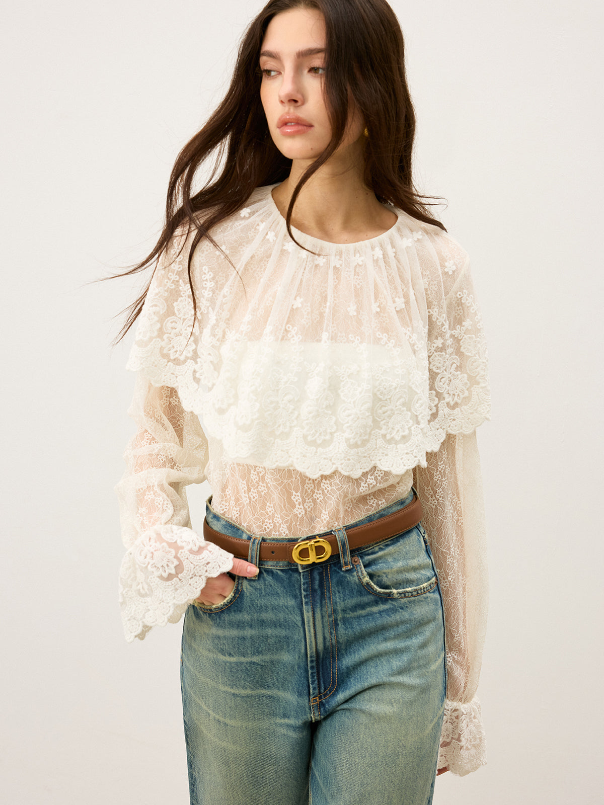 Semi-Sheer Ruffle-Trimmed Lace Flared-Sleeve Blouse-Massicos