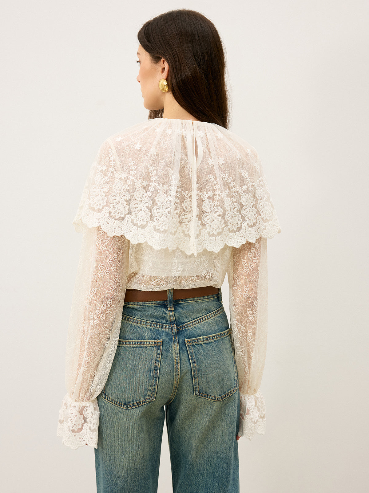 Semi-Sheer Ruffle-Trimmed Lace Flared-Sleeve Blouse-Massicos