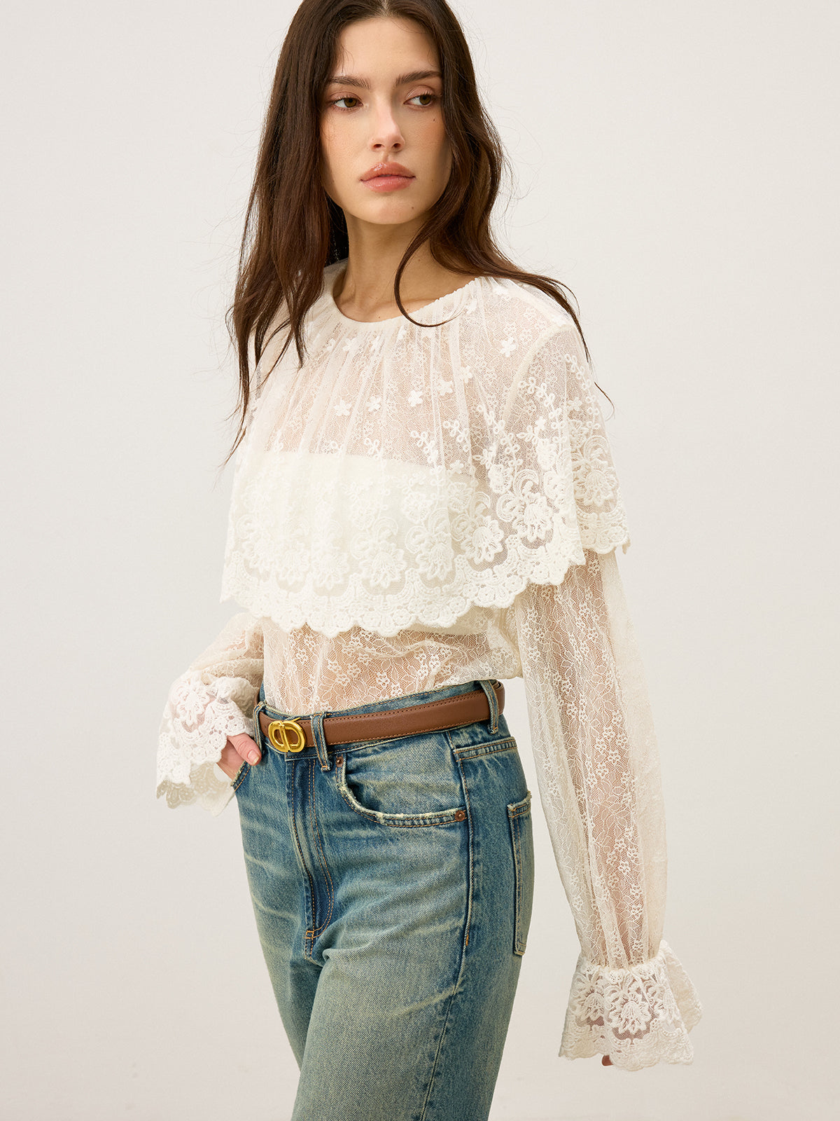 Semi-Sheer Ruffle-Trimmed Lace Flared-Sleeve Blouse-Massicos