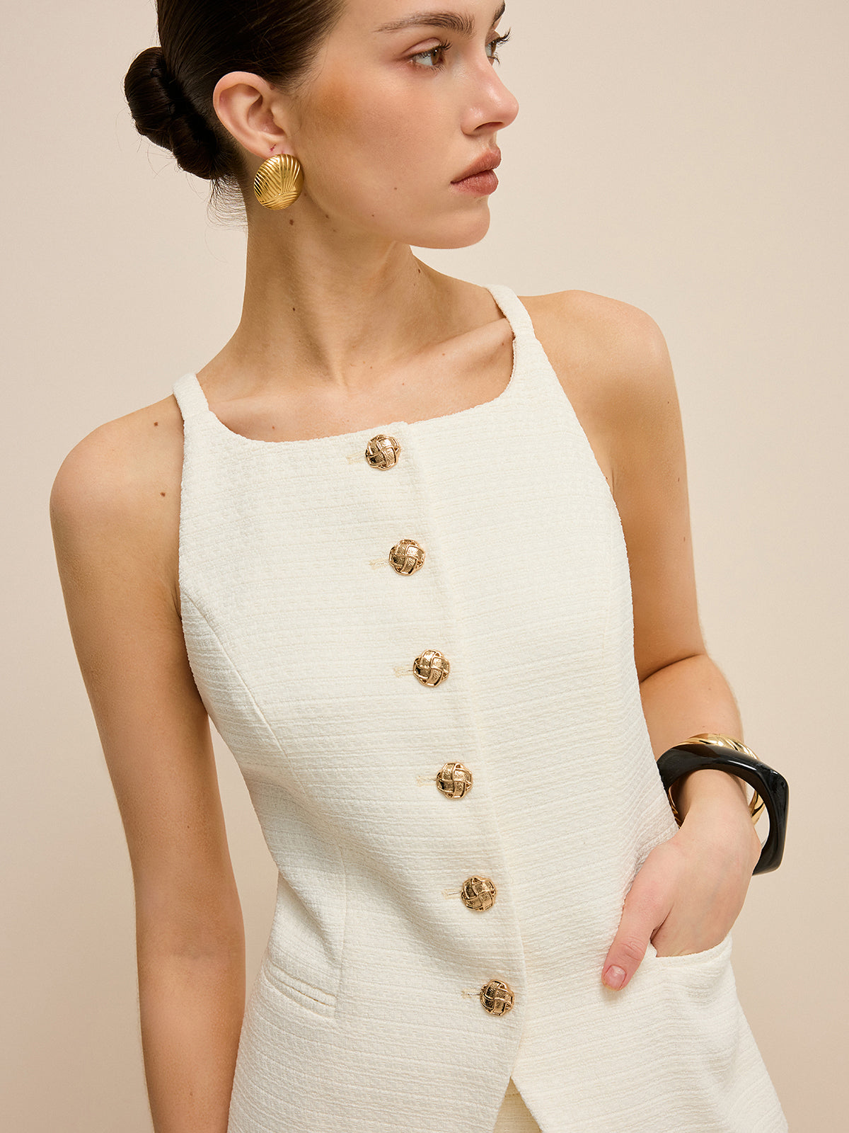 Pocketed Tweed Metal Button Shorts Set-Massicos